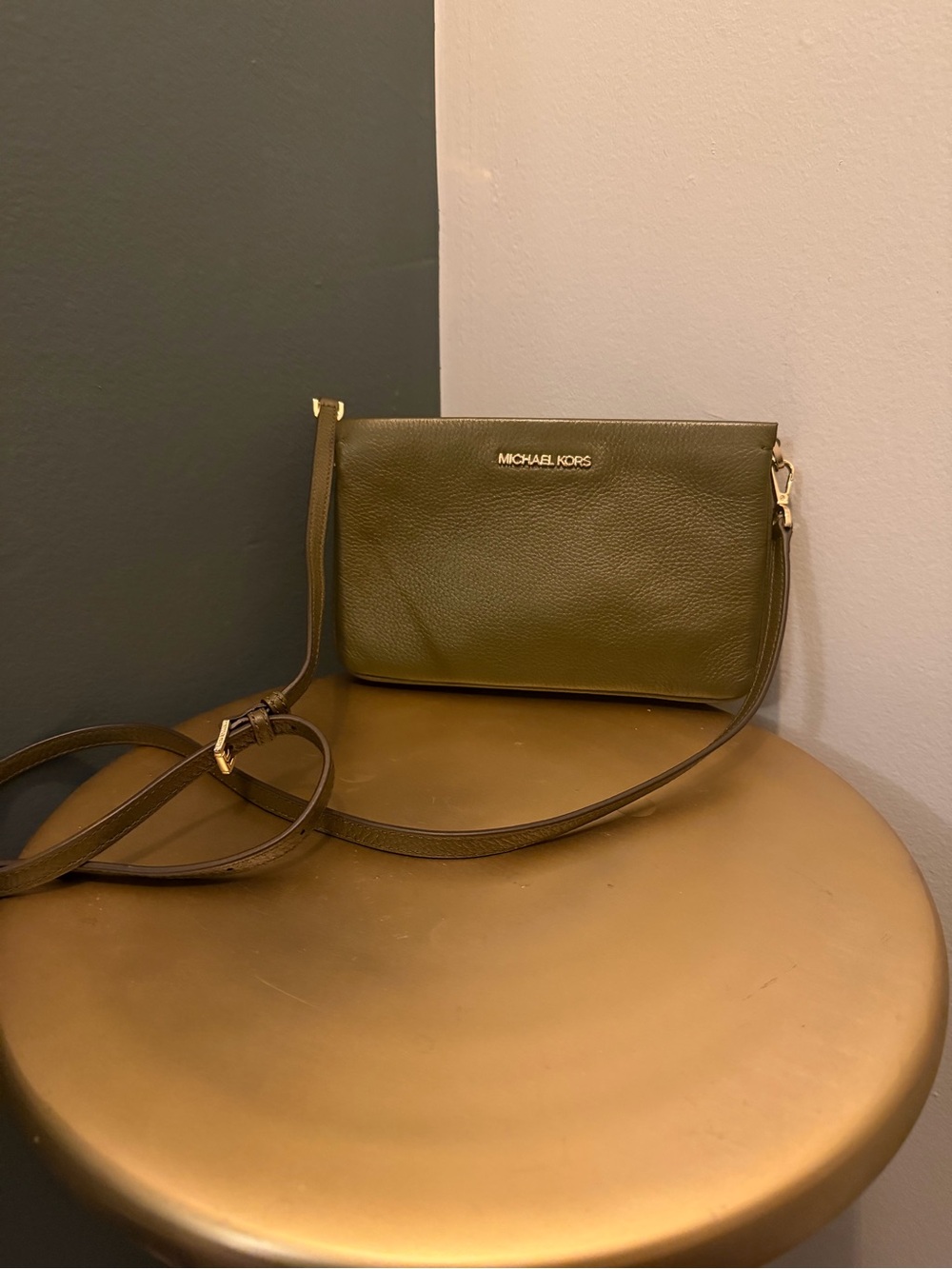 Michael Kors Olive Green Pebbled Leather Crossbody with Gold Hardware